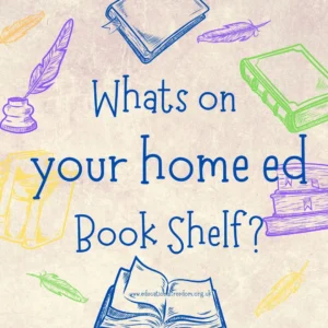 Whats on your Home ed Book Shelf is written in dark blue with outlines of books surrounding the text.