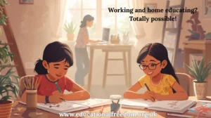 children learning at kitchen table while mum works on laptop in background
