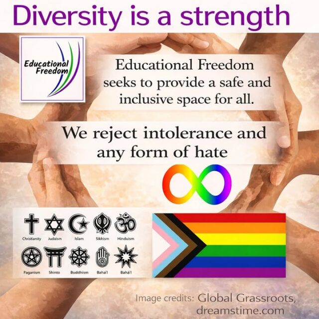 Diversity is our strength.

At Educational Freedom, we believe that learning environments should be safe, inclusive, and welcoming for everyone. Education thrives when people of different backgrounds, identities, beliefs, and perspectives are respected and valued.

We stand firmly against intolerance and all forms of hate. Our commitment is to foster understanding, empathy, and mutual respect—because meaningful education is built on dignity, openness, and the freedom to be oneself.

Together, we can create spaces where diversity is not just accepted, but celebrated.
