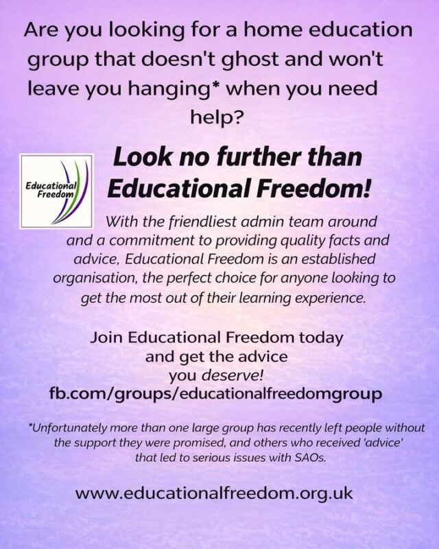 Are you looking for a home education group that offers real support, clear information, and consistent engagement?

Educational Freedom is an established, well-moderated community dedicated to providing reliable facts, practical advice, and a genuinely supportive environment for home-educating families. Our admin team is active, approachable, and committed to ensuring members are never left without guidance when they need it most.

If you value accurate information, respectful discussion, and a community that follows through, we would be pleased to welcome you.

Join us today and get the support you deserve:
fb.com/groups/educationalfreedomgroup
www.educationalfreedom.org.uk