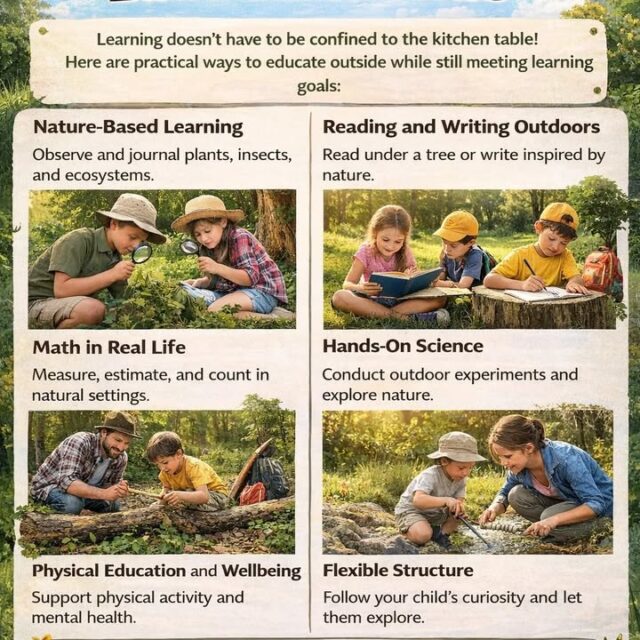Here are practical ways to educate outside while still meeting learning goals:

• Nature-Based Learning
Use parks, gardens, or backyards to teach science through observation. Identify plants, insects, weather patterns, and ecosystems. Encourage children to keep a simple nature journal with notes or drawings.

• Reading and Writing Outdoors
Bring books, notebooks, or clipboards outside. Reading under a tree or writing stories inspired by nature often increases focus and creativity.

• Math in Real Life
Practice maths by measuring sticks and leaves, counting steps, estimating distances, or tracking time during walks. Everyday outdoor activities naturally support numeracy skills.

• Hands-On Science
Conduct simple experiments outdoors such as exploring shadows, testing soil types, observing water flow, or building basic structures to learn about balance and forces.

• Physical Education and Wellbeing
Outdoor learning supports movement, coordination, and mental health. Walking lessons, outdoor games, and free play all contribute to a balanced education.

• Flexible Structure
Outdoor home education does not need to be rigid. Short lessons, curiosity-led discussions, and exploration often result in deeper understanding than formal worksheets.

Learning outside encourages curiosity, independence, and a strong connection to the natural world. 

#HomeEducation #OutdoorLearning #HomeeducationLife #NatureStudy #LearningThroughPlay