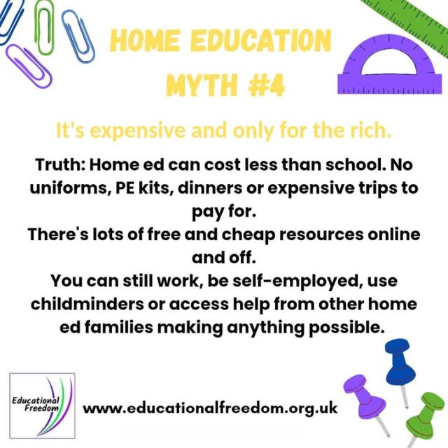 Day four of our myths vs truths! With one still in school and one out its amazing the difference in costs. With so many resources freely available these days its can cost at less than it used too. #ukhomeed #homeeddad #homeedmum #homeedplanning #learningfromhome #homeeducate #homeeducationrocks #homeeducationlife