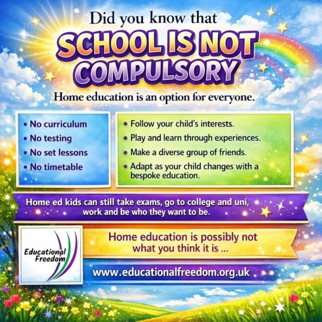 Is your child feeling anxious or upset about going back to school next week?
Are mornings becoming a daily battle?
Is school just not a place where your child feels happy or understood right now?

For many families, school doesn’t work—and that’s more common than people realise. Children may have additional needs that aren’t being met, feel overwhelmed or bored, struggle with long days, bullying, or simply learn better in a different way. Some children thrive when they can move, explore, and learn at their own pace.

And here’s something important to remember: you don’t need a “big reason” to choose home education. Wanting something different for your child is reason enough.

Home education is very rarely what people imagine. It looks different for every family and every child. Without school hours, learning can happen through play, experiences, parks, museums, friendships, and real life. Teens often do better learning later in the day, and home education allows that flexibility.

No doors are closed. You can still have or apply for an EHCP. GCSEs are still an option (though not compulsory), and colleges and universities value the independence and self-motivation home-educated young people develop.

You can work and home educate. You can be a single parent and home educate. You can be disabled and home educate. It’s about finding what works for your family. And home education doesn’t have to look like school at home—unless that’s what suits you.

Home education is an option, and more families should know that.

Please share so others know they have choices.