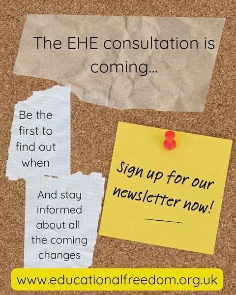 ⚠️⚠️ Home Educators – this is important ⚠️⚠️

The EHE consultation is coming. It could be in a few weeks… or a few months. But when it drops, it will be the last real chance home edders have to push back against plans like forced home visits and testing of our children.

When it goes live, we’ll need people responding fast.

Sign up to our newsletter now so you’re notified when the consultation opens.
We’ll also be sharing information about just how bad the agreed bill actually is and what it could mean for home educating families.

Don’t wait until it’s too late.
Join the list and stay informed.

https://educationalfreedom.org.uk/subscribe-to-our-newsletter/