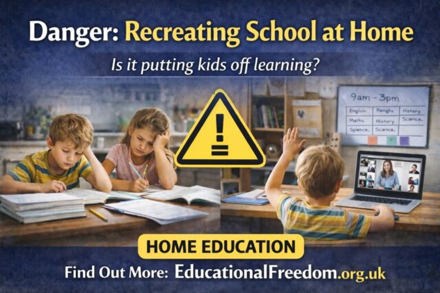 When families first start home educating, many make the same mistake.

They try to recreate school at home.

A timetable goes on the wall. The kitchen table becomes a classroom. Lessons begin at 9am and run through the day.

At first, it feels reassuring. Familiar. Structured.

But very quickly, many families realise something important:

If school didn’t work before, copying it at home is not going to work.

https://educationalfreedom.org.uk/the-hidden-danger-of-home-educators-recreating-school-at-home/