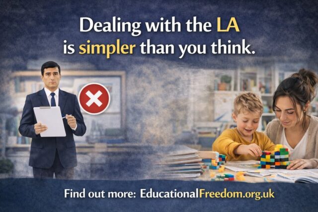 Dealing With the Local Authority: It’s Simpler Than You Think
One of the biggest worries for home educators is the Local Authority (LA).

Parents often imagine officials turning up, demanding to see work, inspecting the house, or forcing children back into school.

https://educationalfreedom.org.uk/dealing-with-the-local-authority-its-simpler-than-you-think/