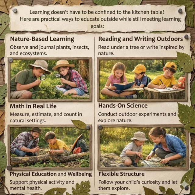 Here are practical ways to educate outside while still meeting learning goals:

• Nature-Based Learning
Use parks, gardens, or backyards to teach science through observation. Identify plants, insects, weather patterns, and ecosystems. Encourage children to keep a simple nature journal with notes or drawings.

• Reading and Writing Outdoors
Bring books, notebooks, or clipboards outside. Reading under a tree or writing stories inspired by nature often increases focus and creativity.

• Math in Real Life
Practice maths by measuring sticks and leaves, counting steps, estimating distances, or tracking time during walks. Everyday outdoor activities naturally support numeracy skills.

• Hands-On Science
Conduct simple experiments outdoors such as exploring shadows, testing soil types, observing water flow, or building basic structures to learn about balance and forces.

• Physical Education and Wellbeing
Outdoor learning supports movement, coordination, and mental health. Walking lessons, outdoor games, and free play all contribute to a balanced education.

• Flexible Structure
Outdoor home education does not need to be rigid. Short lessons, curiosity-led discussions, and exploration often result in deeper understanding than formal worksheets.

Learning outside encourages curiosity, independence, and a strong connection to the natural world.

#HomeEducation #OutdoorLearning #HomeeducationLife #NatureStudy #LearningThroughPlay
