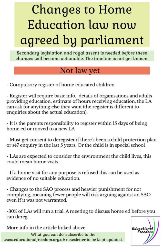 The discussions are over and the children’s well-being and schools bill will become law. Home education guidance and secondary legislation will bring even more changes and clarifications on how the bill will work in practice. 
Nothing will change just yet, make sure you sign up to our newsletter so you get updates  
Don’t let your LA claim the law has changed yet.  EDIT: royal assent was given after we posted this. 
#homeeducation #educationalfreedom #cwsbill