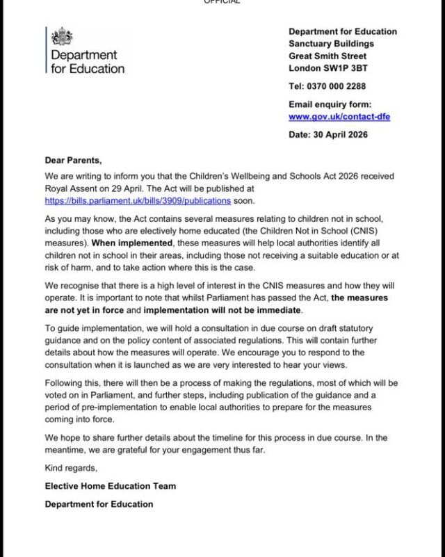 HAS YOUR LA SENT YOU THIS LETTER?

The DfE have asked every LA to send every parent this letter. In the coming days can you please confirm below if your LA has sent it and which LA.