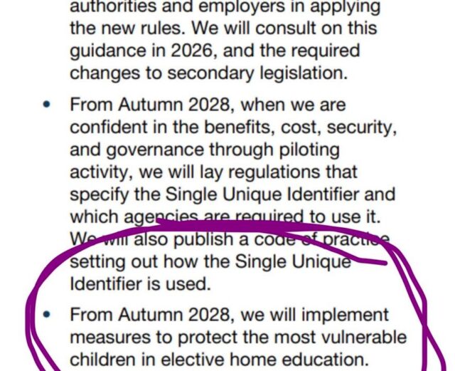 We are relieved to see the home education elements of the children’s well-being and schools act are not looking like they’ll be implemented until autumn 2028.  

https://assets.publishing.service.gov.uk/media/6a0dd0ba9171ee9f72826f0a/Delivering_the_children_s_social_care_reset_-_An_implementation_plan_for_local_partners_2026-2029.pdf