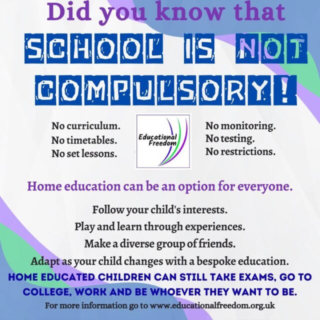 s your child starting to get upset or panicked about going back to school next week?
Do they have SEN not being met?
Are they being bullied and school refusing to adequately protect your child?
Is your child bored at school?
Are they not happy?
Do they have school phobia?
Does your child prefer learning whilst moving around?
Are mornings a struggle for you or your child?
Are the school days too long?
There’s lots of reasons school doesn’t work for lots of children, in fact you don’t even need a reason to choose to home educate. You can do it just because you want to.
Home ed is very rarely what people think it is, and it’s different for every single child.
You’re not tied to school hours, so you can enjoy parks and museums when they’re quiet, you can meet up with friends, learn through play and experience, teens often function better late at night with home ed they can learn whenever suits them, home ed is what your child needs their education to be.

No door is closed. You can still get and keep an EHCP, you can still do GCSEs (though they’re not compulsory), college and uni love the independent learning skills home ed kids have.

You can work and home ed, be a single parent and home ed, be disabled and home ed (some of our team are all 3), you just need to find what works for the family. Remember home ed isn’t lessons to a timetable (unless that’s the style you end up following).

Share so everyone knows home ed is an option.