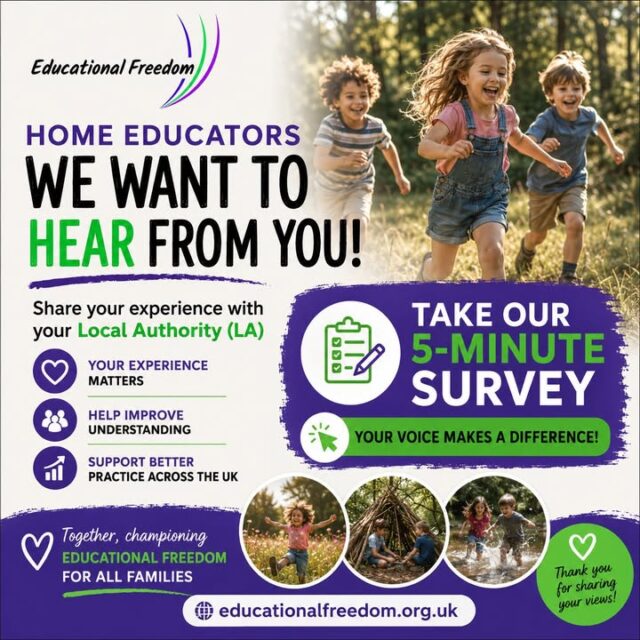 Do you want to help inform the future of home education through your own lived experiences with your LA? 
We want 5 minutes of your time to fill in this quick survey, completely anonymously,  you can share your experience and feelings about your communications with your LA, both good and bad. 
We will use this information to inform our work with LAs and in our research, as well as making those experiences available for others to help inform how they communicate with the LA. 
https://docs.google.com/forms/d/e/1FAIpQLSf5xB-2S_ckg_Jokbs_uqfvantQCEaPGXSi2qEKZDgpVJIjzA/viewform?usp=header
