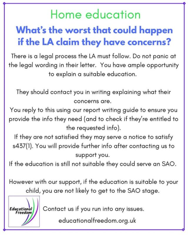 "What’s the worst that could happen?’ asks about the EHE having concerns about the suitability of the home education provision. Many of you are fearful of the consequences to some things, so we thought we’d explain why you shouldn’t be worried.

As always, these images are just short snippets of info, for further detail please read our website, and join our home education Fb group
