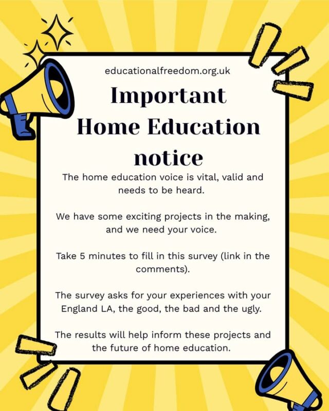 The home education voice is vital in informing LA practice and policy, understanding what your LA is like from other home educators in your area is incredibly important to help you understand how to communicate with them. 

Filling in this survey takes less than 5 minutes and will go a long way towards informing some major projects we shall be announcing in the coming weeks. 

https://forms.gle/HnaYE7XFBxZXN3Qk8
