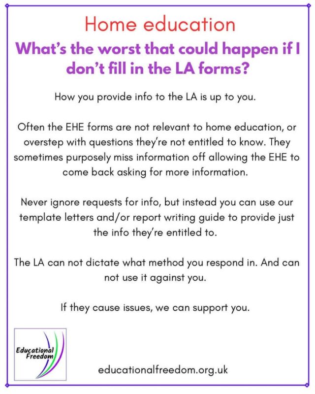 Many of you are fearful of the consequences to some things, so we thought we’d explain why you shouldn’t be worried.
In this one we discuss what happens if you choose not to use the LA forms.
As always, these images are just short snippets of info, for further detail please read our website, and join our home education Fb group