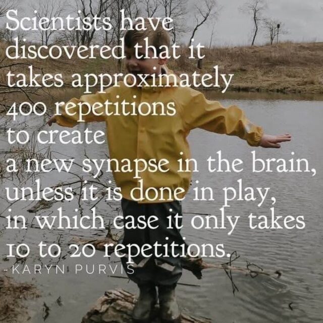 Scientists have recently determined that it takes approximately 400 repetitions to create a new synapse in the brain—unless it is done with play, in which case, it takes between 10 and 20 repetitions! -Dr. Karyn Purvis

We can certainly agree with this, after 8 years of home education its amazing to see how quickly my child will pick up math theories or science theories if learnt through play or games!