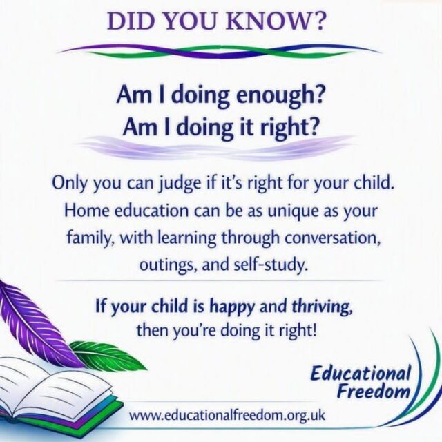 It’s difficult when you step away from the school system, you and your child have been told what to do, what and how to think, and even what to wear and when you can pee. Suddenly you’re in charge, and that’s scary (we’ve been there) but taking some time to deschool yourself and your child will give you an opportunity to get to know yourselves again, to pick up on how your child likes to learn, what your and their goals are, and then… just when you think you’ve got it sussed, your child will need a change of style. It’s ever evolving and that’s ok. That’s what kids need.
Only you and your child will ever know if what you’re doing is right. And as long as you’ve done your research (our website for starters) we are sure you’ll be ok.

Ps remember professionals often misunderstand/misrepresent home ed, so by knowing the legal stuff yourself you’ll never fall for their bull.

PPS remember home ed is NOT school, there’s many ways to learn and most don’t include timetables, curriculums, tutors, lessons or books even (though if that’s what’s right for your kid then go for it).

#educationalfreedom #homeeducators #homeeducationuk #homeeducator #homeeducation #homeeducationlookslikethis #education #homeed #learningthroughplay #homeschoollife #unschoollife #naturalchildhood #homeschool #specialeducationalneeds