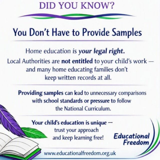 Home education is a legal right, and families are not required to provide samples of their children’s work to the Local Authority. Many home‑educating parents don’t keep written records at all — learning happens through conversation, exploration, and experience.

Providing samples can lead to unnecessary comparisons with school standards or pressure to follow the National Curriculum. Every child’s education is unique, and parents have the freedom to shape it in ways that suit their child’s needs, interests, and pace.

At Educational Freedom, we help families understand their rights and responsibilities, offering clear guidance and reassurance for confident home education.