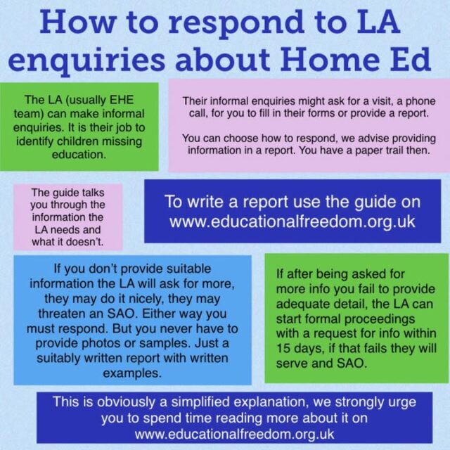 How to respond to LA enquiries about Home Ed, and what to expect from the LA.
This is a very simplified version so please do give our site a good read to fully understand it all.

The LA (usually EHE team) can make informal enquiries. It is their job to identify children missing education.

Their informal enquiries might ask for a visit, a phone call, for you to fill in their forms or provide a report.

You can choose how to respond, we advise providing information in a report. You have a paper trail then.
The guide on our website talks you through the information the LA needs and what it doesn’t.

If you don’t provide suitable information the LA will ask for more, they may do it nicely, they may threaten an SAO. Either way you must respond. But you never have to provide photos or samples. Just a suitably written report with written examples.

If after being asked for more info you fail to provide adequate detail, the LA can start formal proceedings with a request for info within 15 days, if that fails they will serve and SAO.