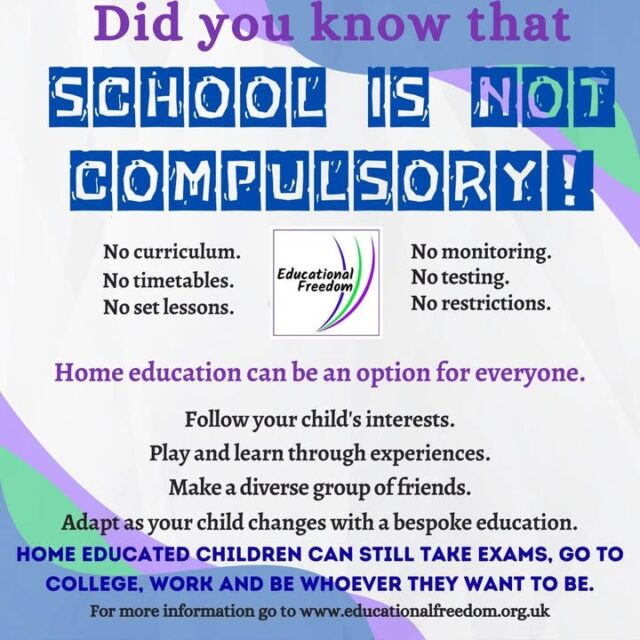 Is your child starting to get upset or panicked about going back to school?
Do they have SEN not being met?
Are they being bullied and school refusing to adequately protect your child?
Is your child bored at school?
Are they not happy?
Do they have school phobia?
Does your child prefer learning whilst moving around?
Are mornings a struggle for you or your child?
Are the school days too long?
There’s lots of reasons school doesn’t work for lots of children, in fact you don’t even need a reason to choose to home educate. You can do it just because you want to.
Home ed is very rarely what people think it is, and it’s different for every single child.
You’re not tied to school hours, so you can enjoy parks and museums when they’re quiet, you can meet up with friends, learn through play and experience, teens often function better late at night with home ed they can learn whenever suits them, home ed is what your child needs their education to be.

No door is closed. You can still get and keep an EHCP, you can still do GCSEs (though they’re not compulsory), college and uni love the independent learning skills home ed kids have.

You can work and home ed, be a single parent and home ed, be disabled and home ed (some of our team are all 3), you just need to find what works for the family. Remember home ed isn’t lessons to a timetable (unless that’s the style you end up following).

Share so everyone knows home ed is an option.