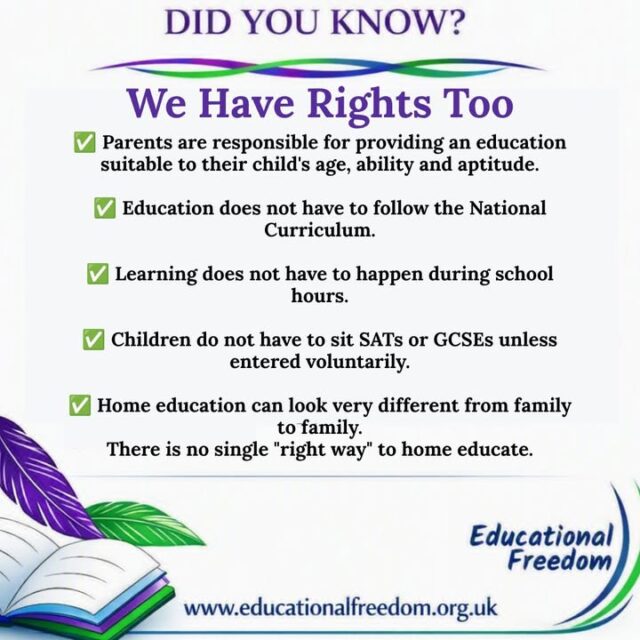 What's one home education fact you wish more people knew?

Many families are surprised to discover that:

✅ Home education doesn't have to follow the National Curriculum

✅ Learning can happen at any time, not just during school hours

✅ Children don't have to sit SATs

✅ Every home education journey can look different

Understanding your rights is an important part of the home education journey.

For more information, resources and support, visit: https://educationalfreedom.org.uk/

Tell us in the comments: what's the biggest misconception you've come across?