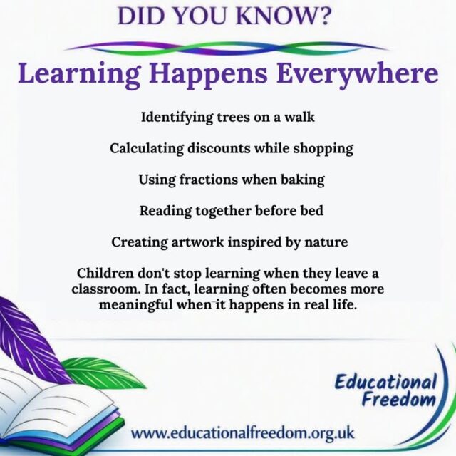 What if learning is bigger than the classroom?

When a child identifies a tree, calculates a discount, follows a recipe, creates artwork or gets lost in a good book, they are learning.

Education isn't confined to four walls or specific hours of the day.

Real-world experiences help children connect knowledge with life, making learning meaningful and memorable.

To learn more about educational freedom and alternative approaches to learning, visit:
https://educationalfreedom.org.uk/