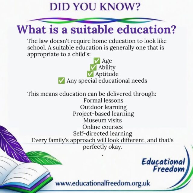 A reminder for home educators: there is no single "right way" to do this.

It's easy to compare ourselves to others and wonder whether we're doing enough.

But a suitable education isn't measured by matching somebody else's timetable, curriculum or routine.

It's about meeting the needs of your child.

Their interests. Their strengths. Their challenges. Their goals.

Home education gives families the flexibility to create an education that works for the individual child, not the average child.

For more information about home education and educational freedom, visit: