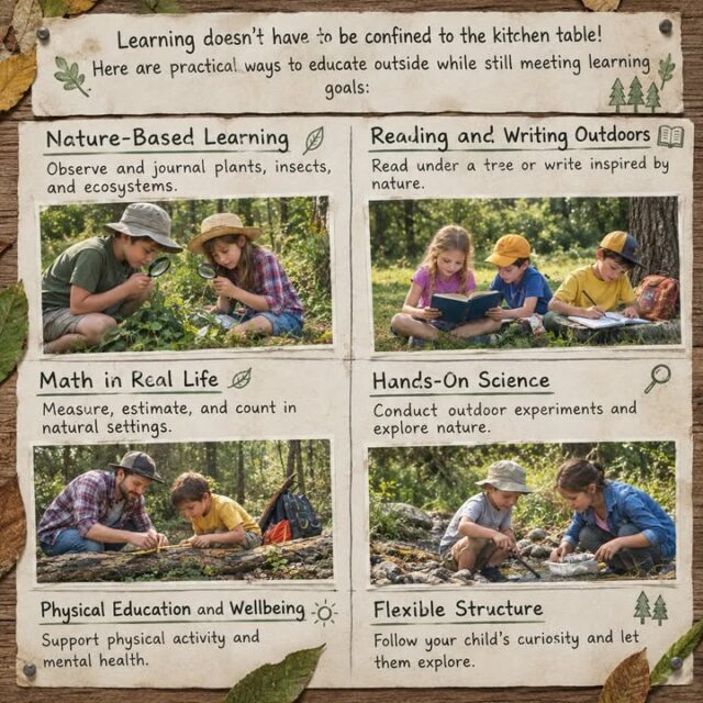 Here are practical ways to educate outside while still meeting learning goals:

• Nature-Based Learning
Use parks, gardens, or backyards to teach science through observation. Identify plants, insects, weather patterns, and ecosystems. Encourage children to keep a simple nature journal with notes or drawings.

• Reading and Writing Outdoors
Bring books, notebooks, or clipboards outside. Reading under a tree or writing stories inspired by nature often increases focus and creativity.

• Math in Real Life
Practice maths by measuring sticks and leaves, counting steps, estimating distances, or tracking time during walks. Everyday outdoor activities naturally support numeracy skills.

• Hands-On Science
Conduct simple experiments outdoors such as exploring shadows, testing soil types, observing water flow, or building basic structures to learn about balance and forces.

• Physical Education and Wellbeing
Outdoor learning supports movement, coordination, and mental health. Walking lessons, outdoor games, and free play all contribute to a balanced education.

• Flexible Structure
Outdoor home education does not need to be rigid. Short lessons, curiosity-led discussions, and exploration often result in deeper understanding than formal worksheets.

Learning outside encourages curiosity, independence, and a strong connection to the natural world.

#HomeEducation #OutdoorLearning #HomeeducationLife #NatureStudy #LearningThroughPlay